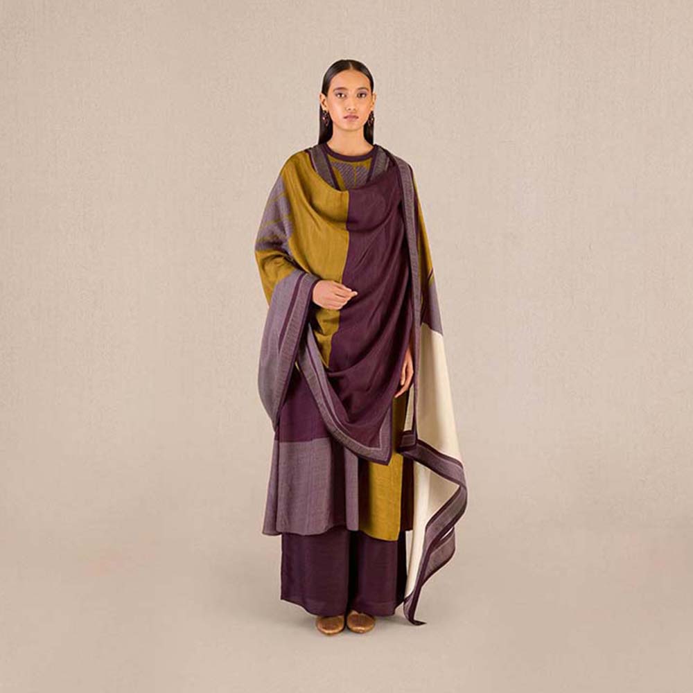 AMPM Sahira Purple Colorblock Kurta with Palazzo and Dupatta (Set of 3)