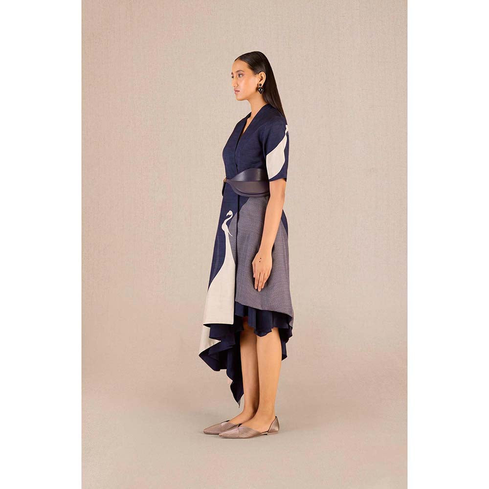 AMPM Serena Navy Blue Solid Dress with Jacket and Belt (Set of 3)