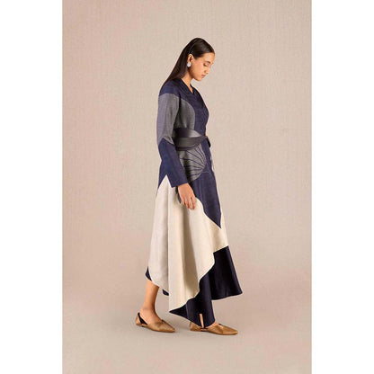 AMPM Serena Navy Blue Solid Full Sleeves Dress with Jacket and Belt (Set of 3)