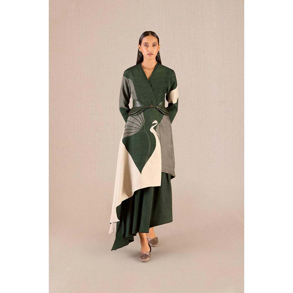 AMPM Serena Green Solid Full Sleeves Dress with Jacket and Belt (Set of 3)