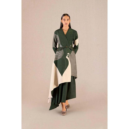 AMPM Serena Green Solid Full Sleeves Dress with Jacket and Belt (Set of 3)