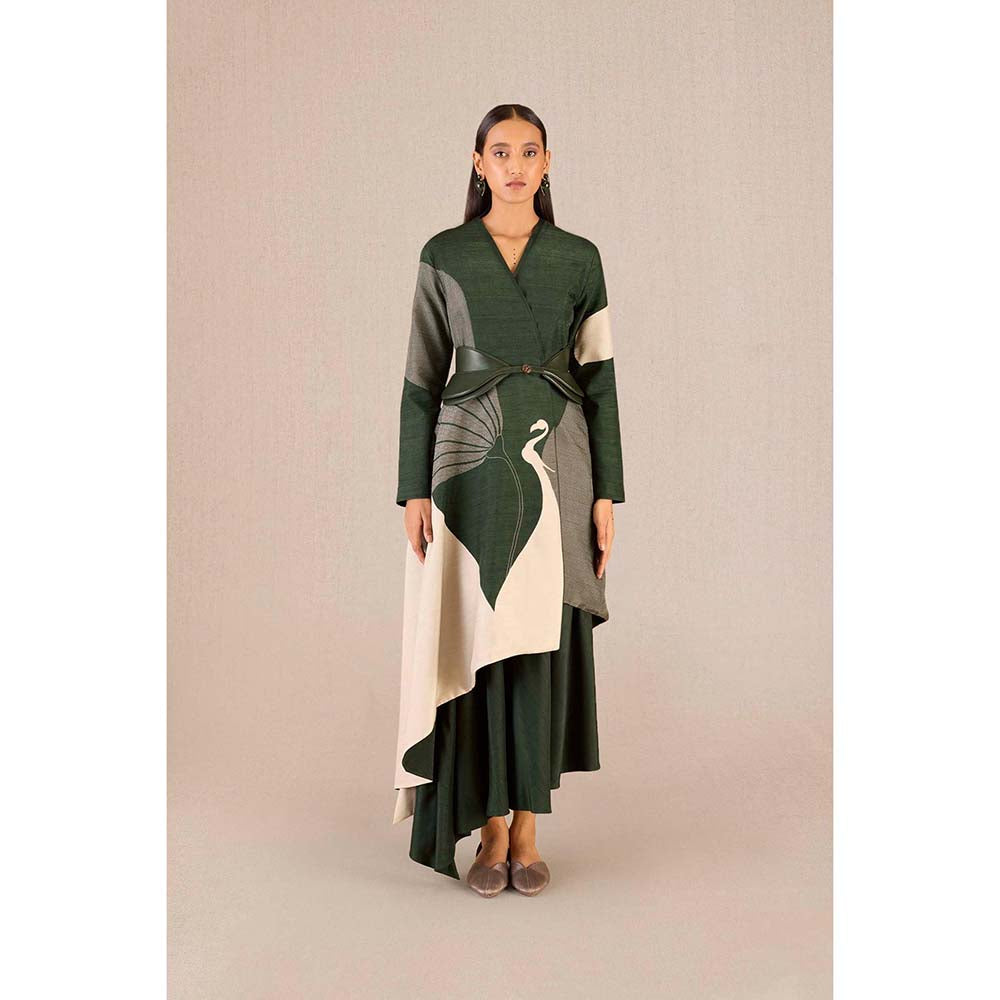 AMPM Serena Green Solid Full Sleeves Dress with Jacket and Belt (Set of 3)