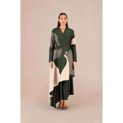 AMPM Serena Green Solid Full Sleeves Dress with Jacket and Belt (Set of 3)
