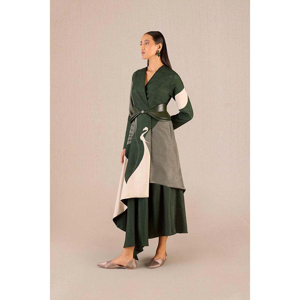 AMPM Serena Green Solid Full Sleeves Dress with Jacket and Belt (Set of 3)
