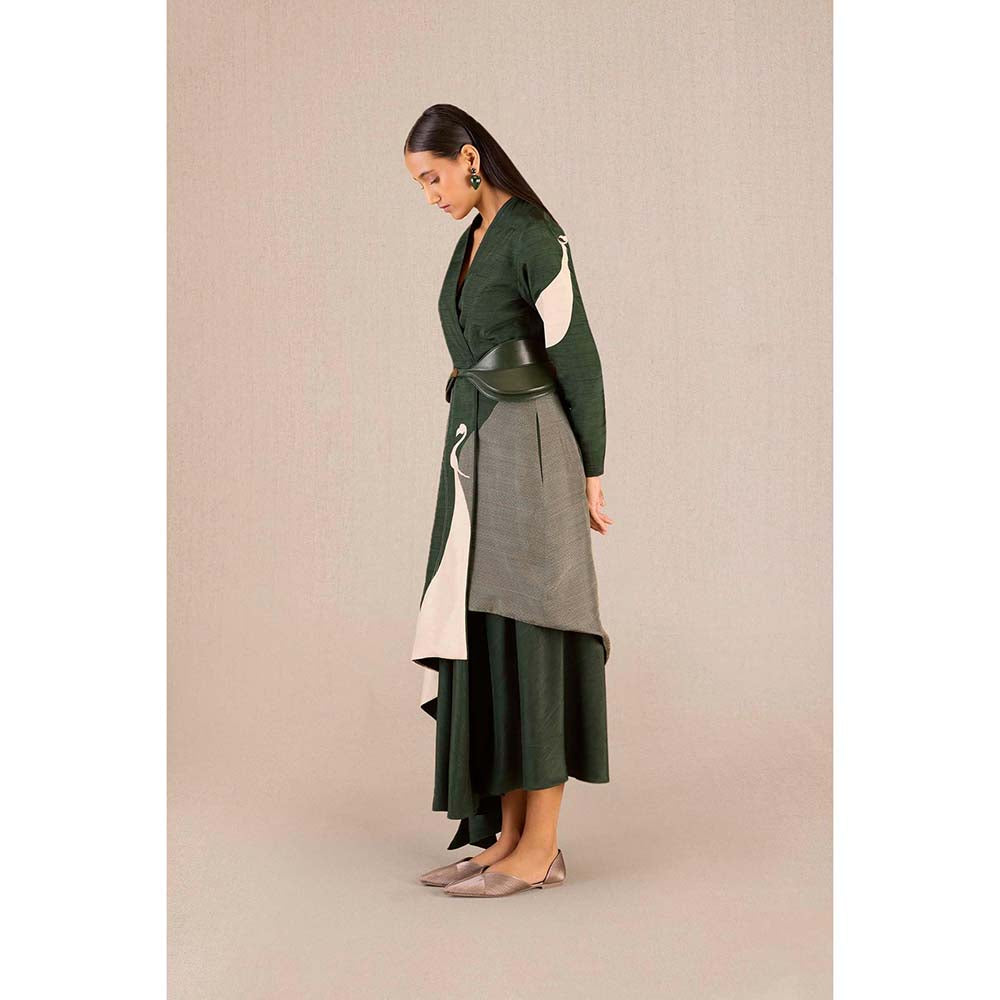 AMPM Serena Green Solid Full Sleeves Dress with Jacket and Belt (Set of 3)