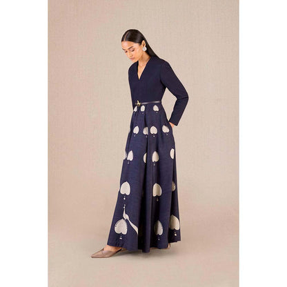 AMPM Sabra Navy Blue Printed Dress with Belt (Set of 2)