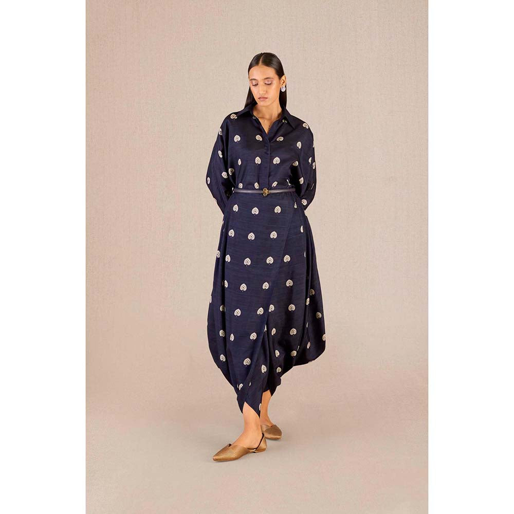 AMPM Emery Navy Blue Printed Shirt with Dhoti and Belt (Set of 3)