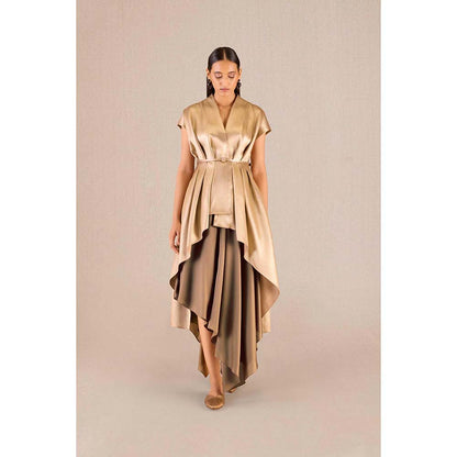AMPM Amra Gold Textured Jacket with Skirt and Belt (Set of 3)