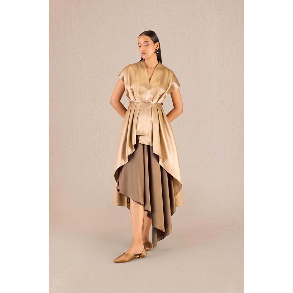 AMPM Amra Gold Textured Jacket with Skirt and Belt (Set of 3)