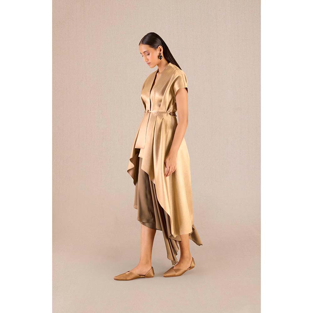 AMPM Amra Gold Textured Jacket with Skirt and Belt (Set of 3)