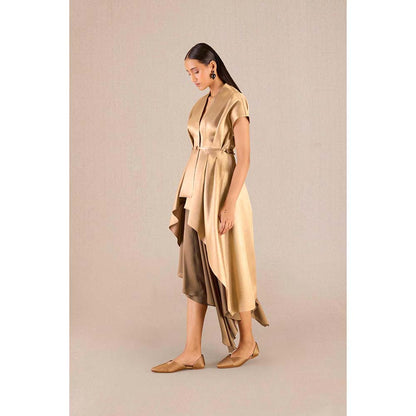 AMPM Amra Gold Textured Jacket with Skirt and Belt (Set of 3)