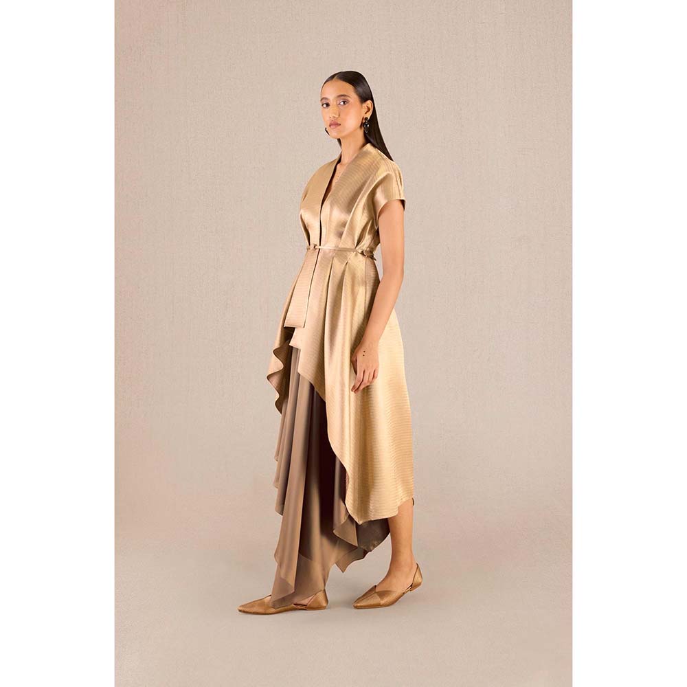AMPM Amra Gold Textured Jacket with Skirt and Belt (Set of 3)