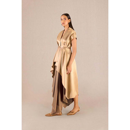 AMPM Amra Gold Textured Jacket with Skirt and Belt (Set of 3)