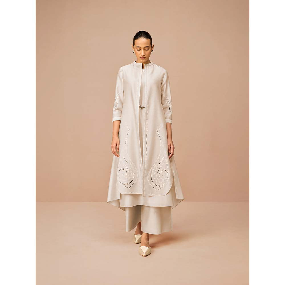 AMPM Beige Anais Self Design Jacket with Kurta Belt and Palazzo (Set of 4)