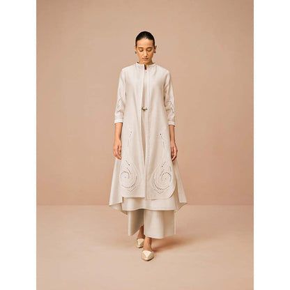 AMPM Beige Anais Self Design Jacket with Kurta Belt and Palazzo (Set of 4)