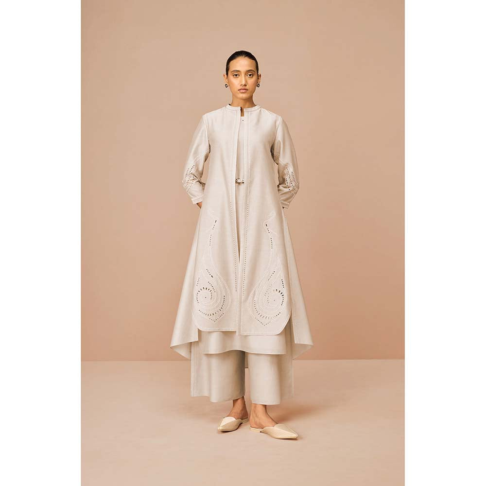 AMPM Beige Anais Self Design Jacket with Kurta Belt and Palazzo (Set of 4)