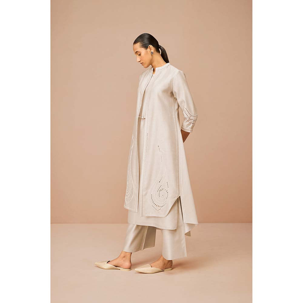 AMPM Beige Anais Self Design Jacket with Kurta Belt and Palazzo (Set of 4)