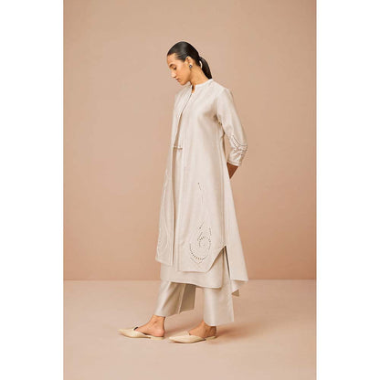 AMPM Beige Anais Self Design Jacket with Kurta Belt and Palazzo (Set of 4)