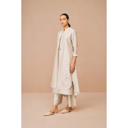 AMPM Beige Anais Self Design Jacket with Kurta Belt and Palazzo (Set of 4)