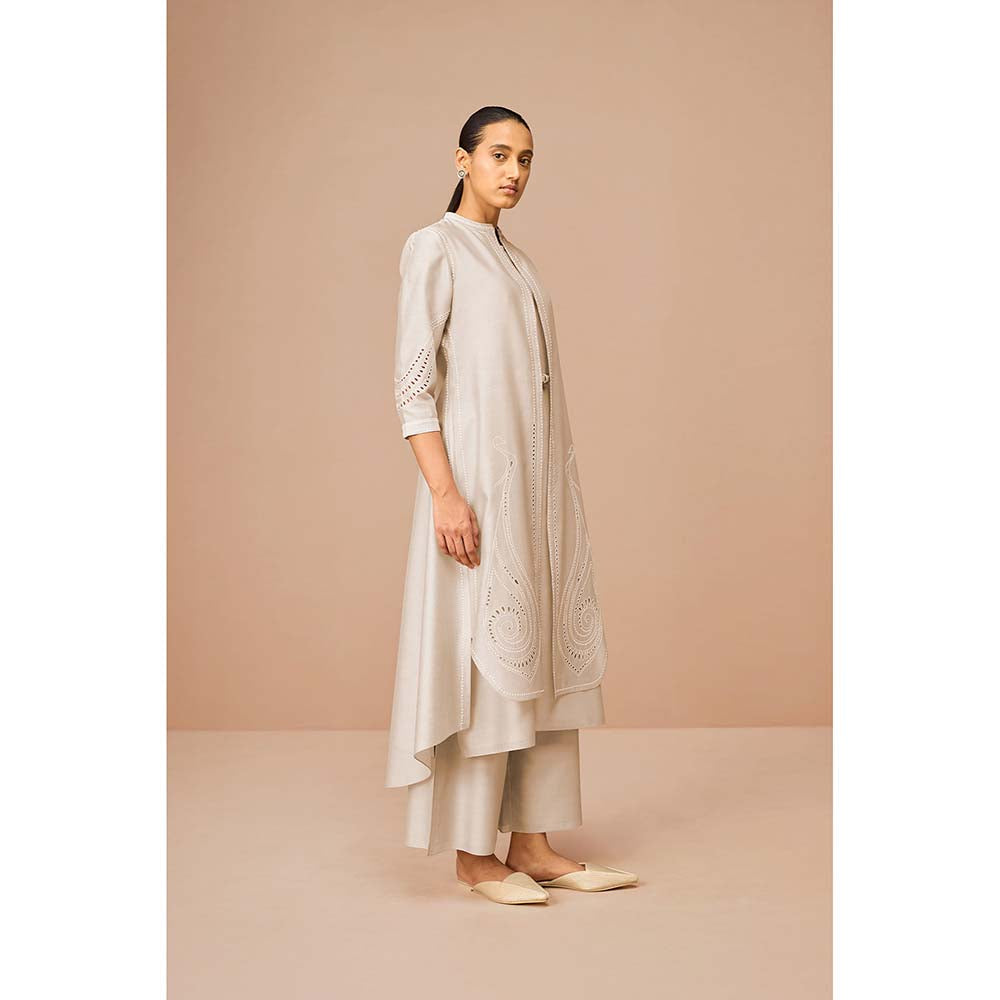 AMPM Beige Anais Self Design Jacket with Kurta Belt and Palazzo (Set of 4)