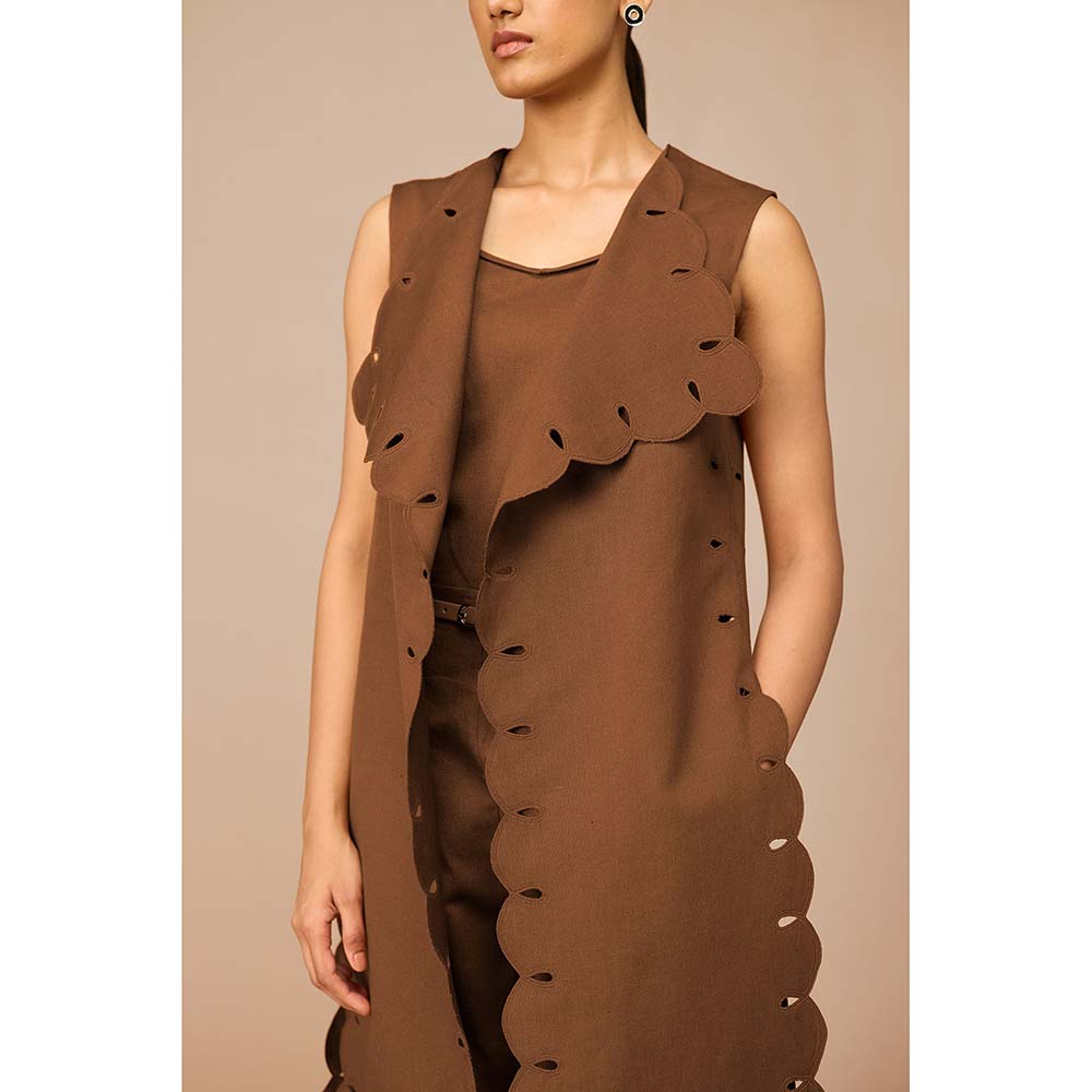 AMPM Brown Cleo Solid Jacket with Kurta Belt and Pant (Set of 4)