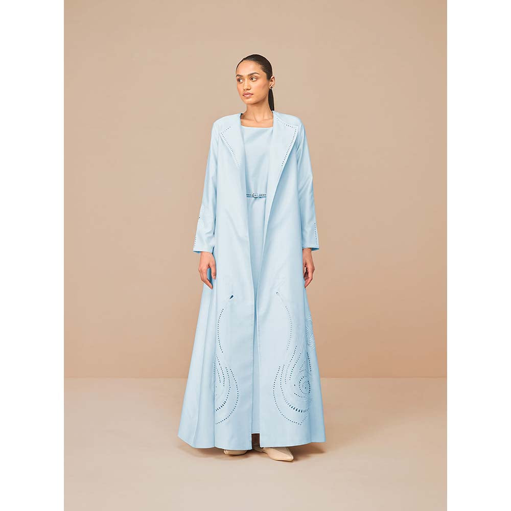 AMPM Ice Blue Raysa Self Design Jacket with Inner and Belt (Set of 3)