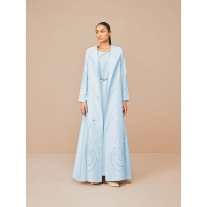 AMPM Ice Blue Raysa Self Design Jacket with Inner and Belt (Set of 3)