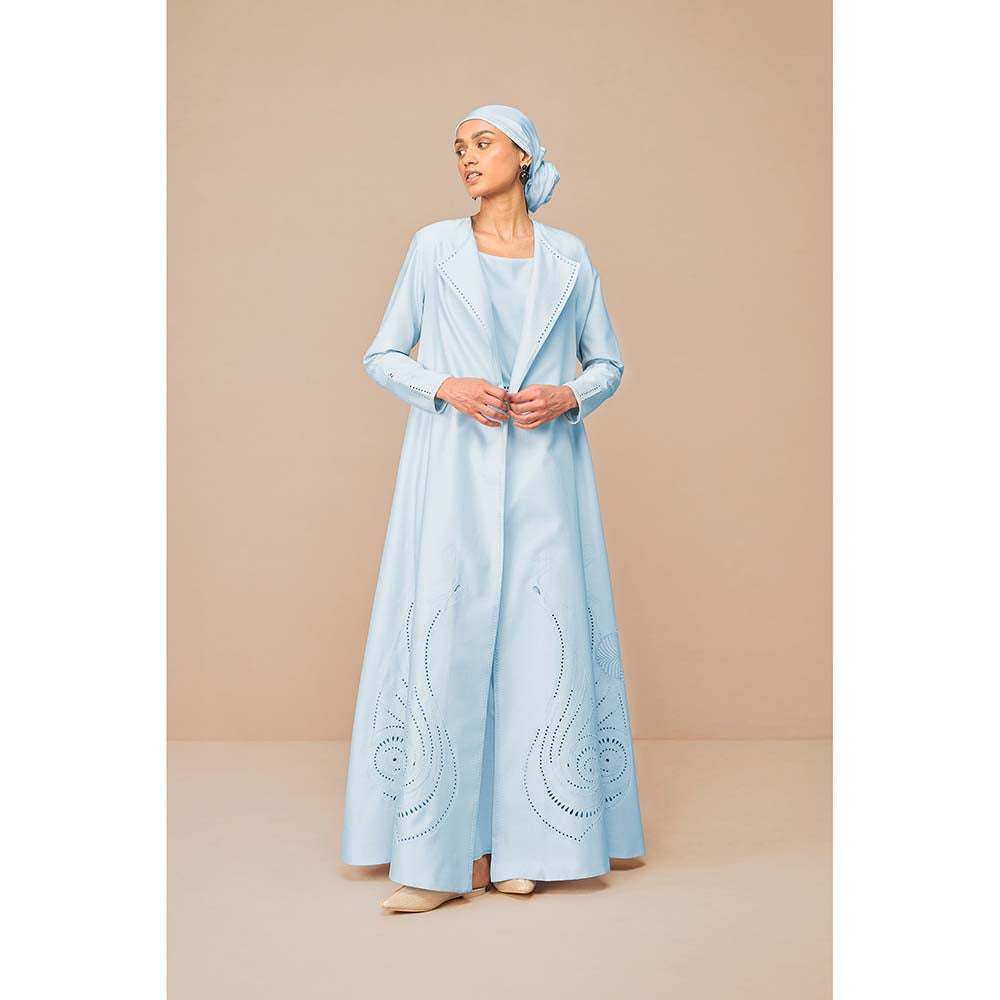 AMPM Ice Blue Raysa Self Design Jacket with Inner and Belt (Set of 3)