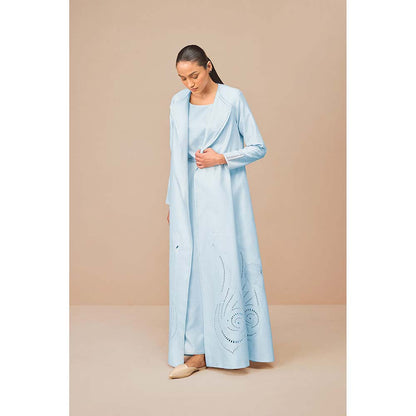 AMPM Ice Blue Raysa Self Design Jacket with Inner and Belt (Set of 3)