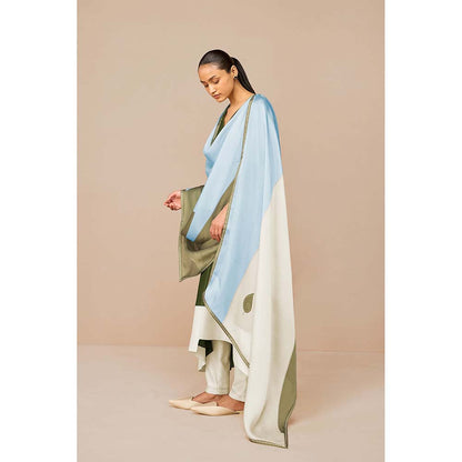 AMPM Tasia Olive Colorblock Kurta with Pant and Dupatta (Set of 3)
