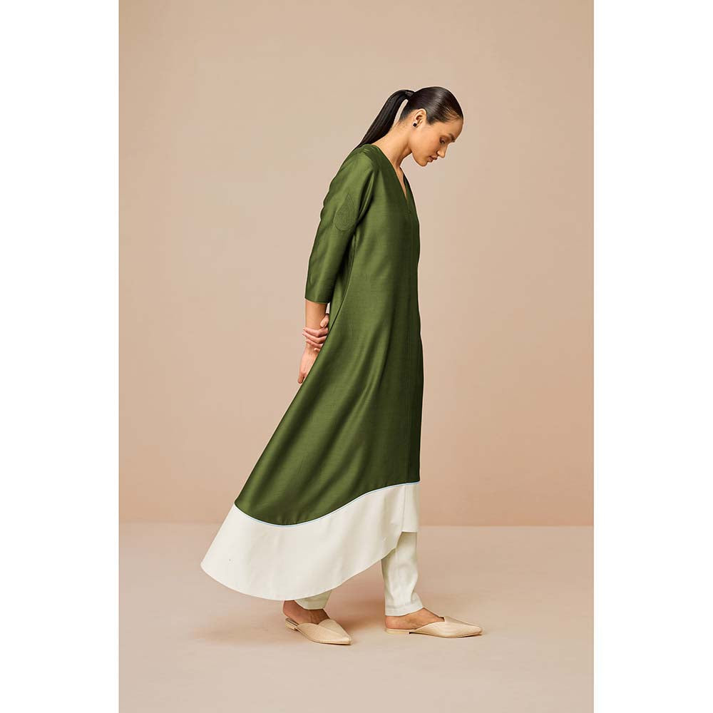 AMPM Tasia Olive Colorblock Kurta with Pant and Dupatta (Set of 3)