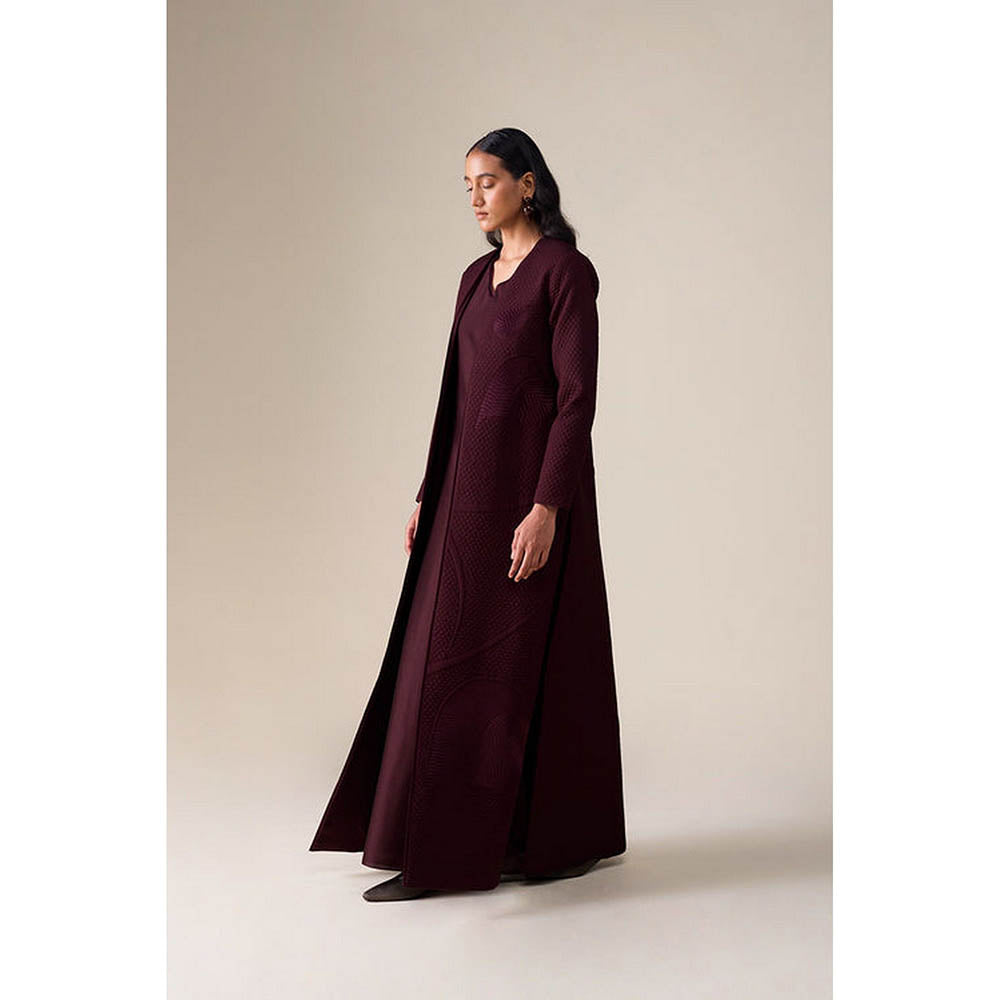AMPM Burgundy V-Neck Floral Abaya Maxi Dress with Inner