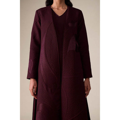 AMPM Burgundy V-Neck Floral Abaya Maxi Dress with Inner