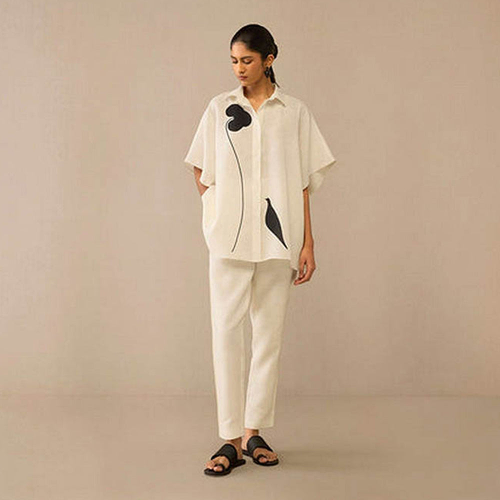 AMPM Ivory Linen Floral Collar Neck Shirt with Pant