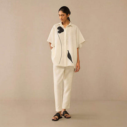 AMPM Ivory Linen Floral Collar Neck Shirt with Pant