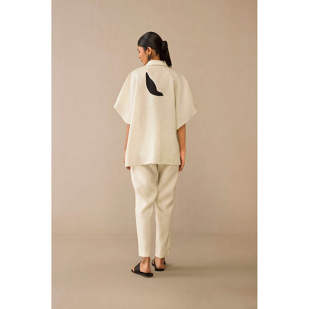 AMPM Ivory Linen Floral Collar Neck Shirt with Pant