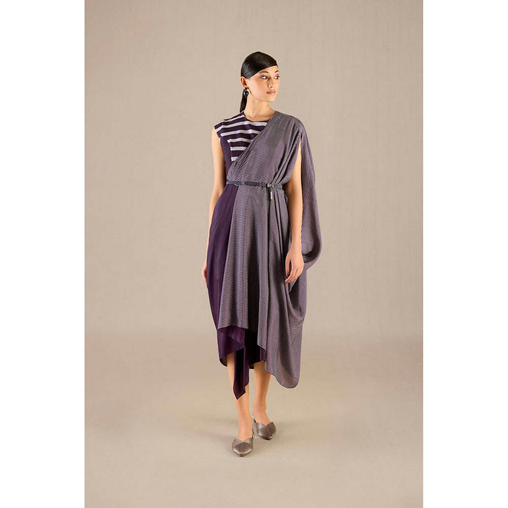 AMPM Abha Purple Pre-Draped Saree With Attached Stitched Blouse And Belt
