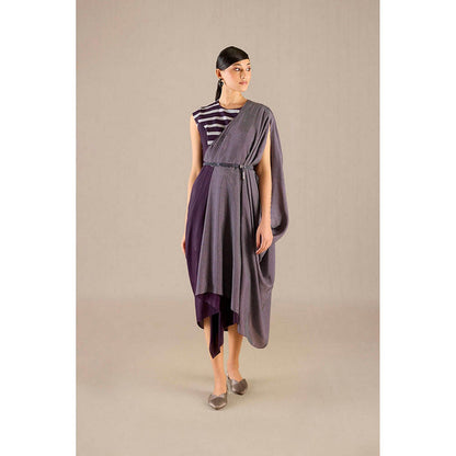 AMPM Abha Purple Pre-Draped Saree With Attached Stitched Blouse And Belt