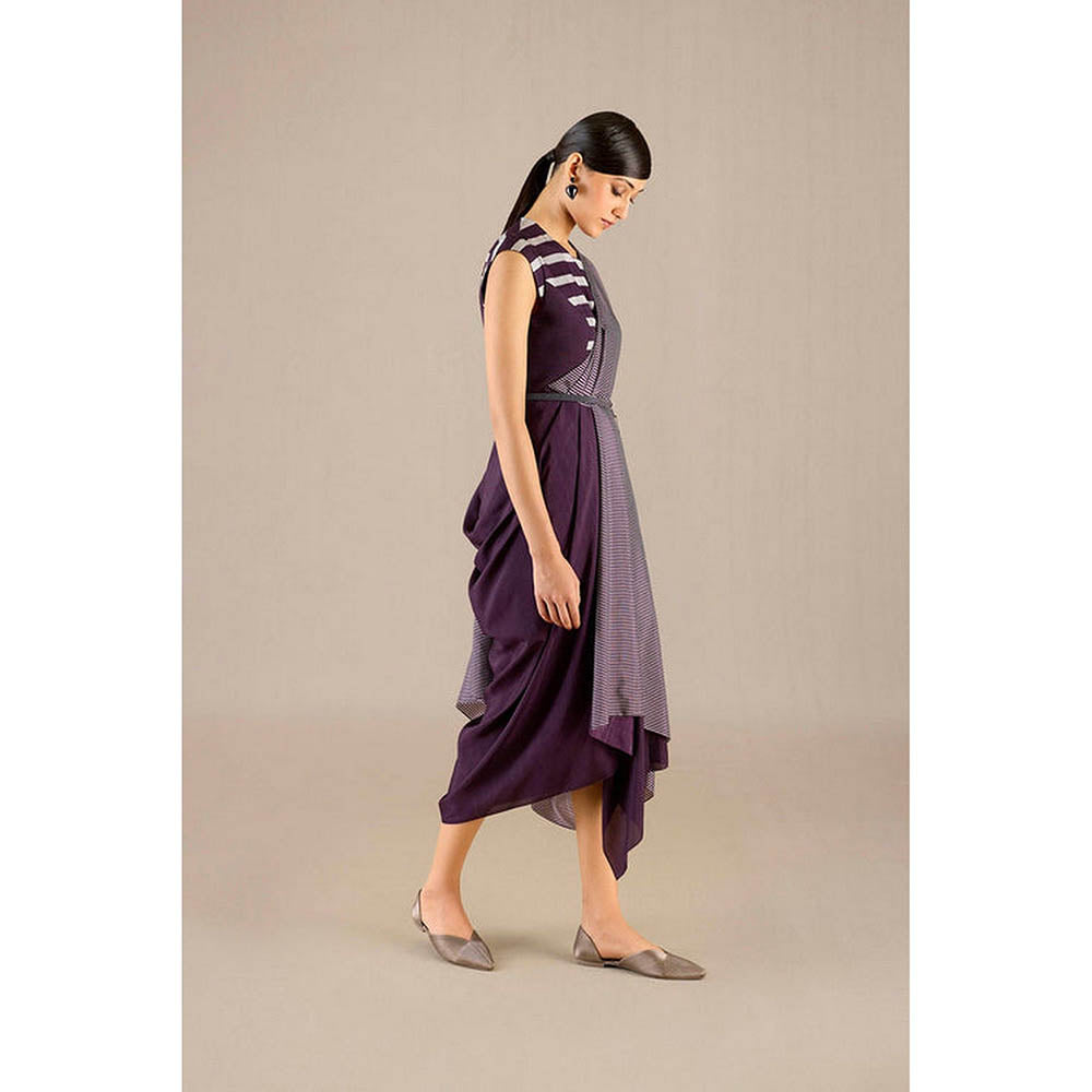 AMPM Abha Purple Pre-Draped Saree With Attached Stitched Blouse And Belt