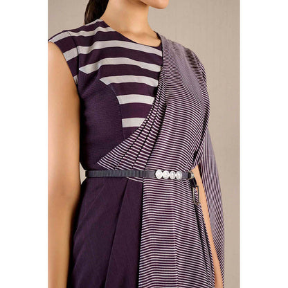 AMPM Abha Purple Pre-Draped Saree With Attached Stitched Blouse And Belt