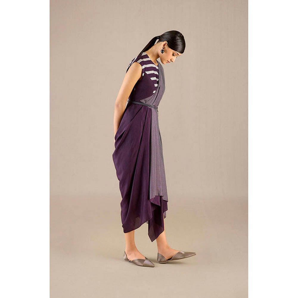 AMPM Abha Purple Pre-Draped Saree With Attached Stitched Blouse And Belt