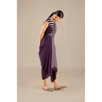 AMPM Abha Purple Pre-Draped Saree With Attached Stitched Blouse And Belt