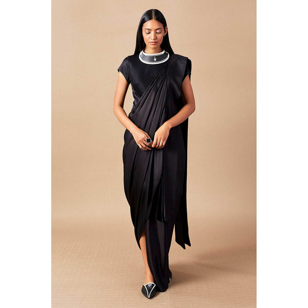 AMPM Ila Black Pre-Draped Saree With Attached Stitched Blouse