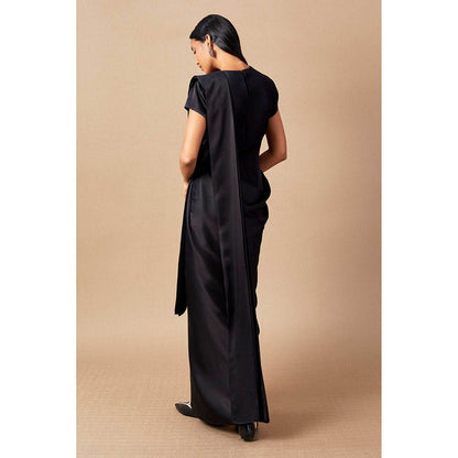 AMPM Ila Black Pre-Draped Saree With Attached Stitched Blouse