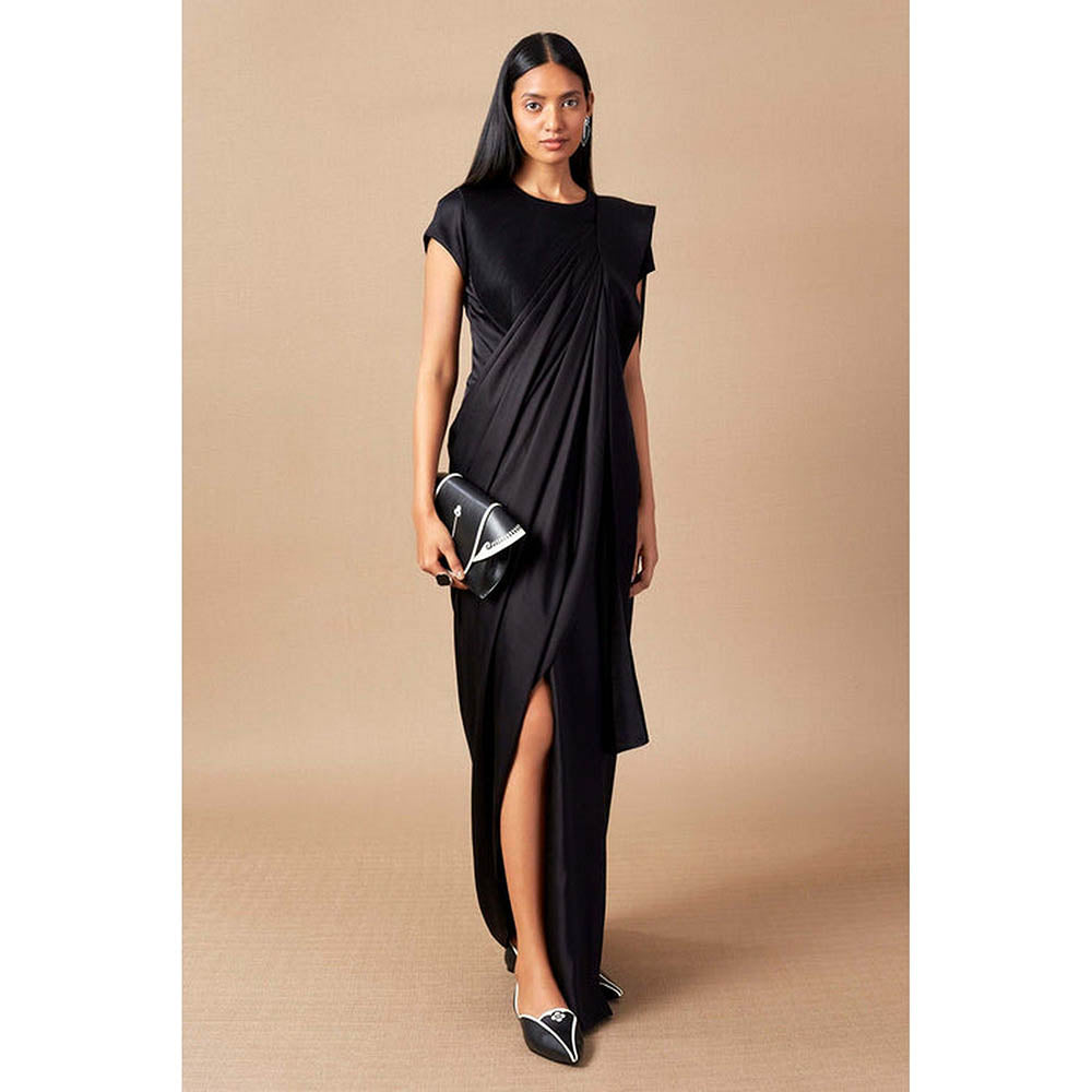 AMPM Ila Black Pre-Draped Saree With Attached Stitched Blouse