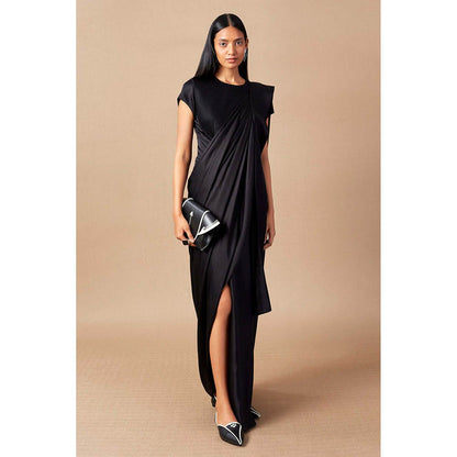 AMPM Ila Black Pre-Draped Saree With Attached Stitched Blouse