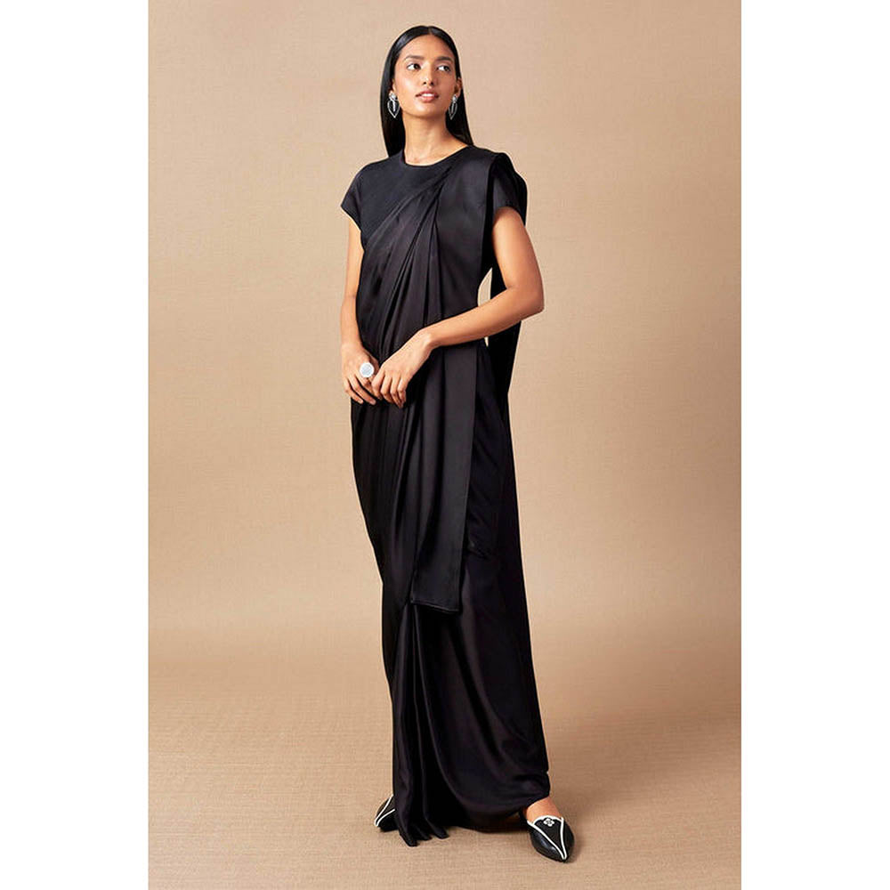 AMPM Ila Black Pre-Draped Saree With Attached Stitched Blouse
