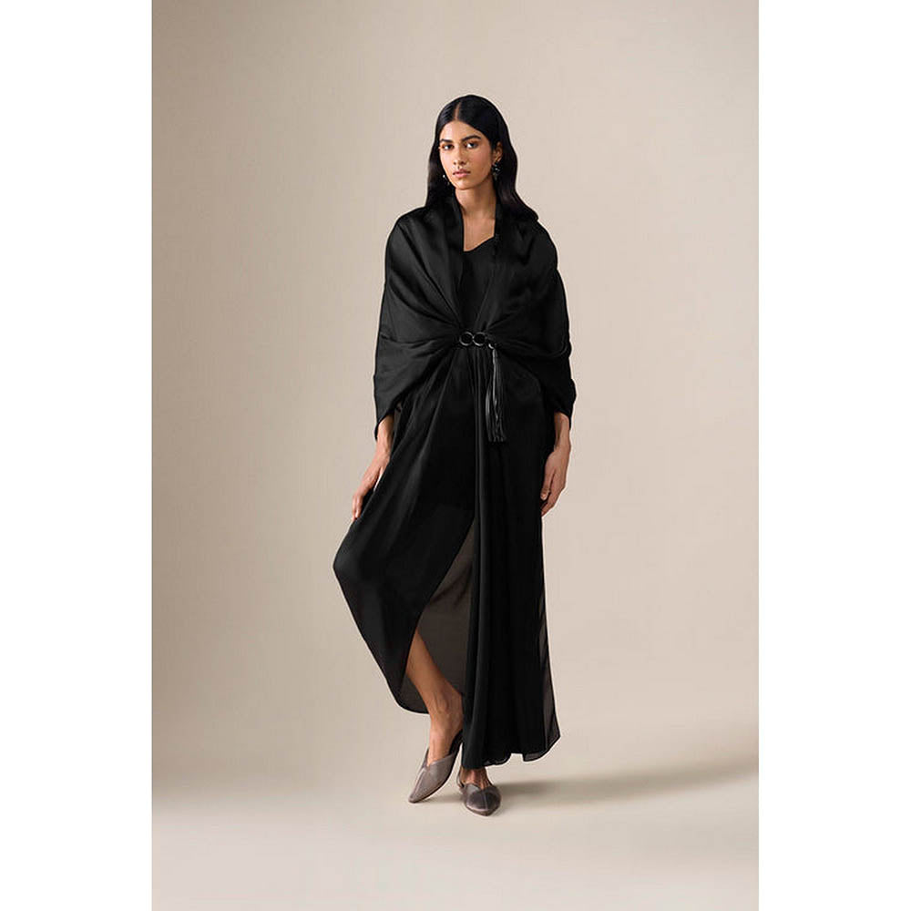 AMPM Ekiya Black Pre-Draped Saree With Attached Stitched Blouse And Belt
