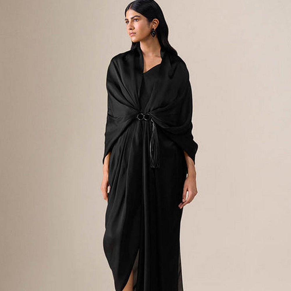 AMPM Ekiya Black Pre-Draped Saree With Attached Stitched Blouse And Belt