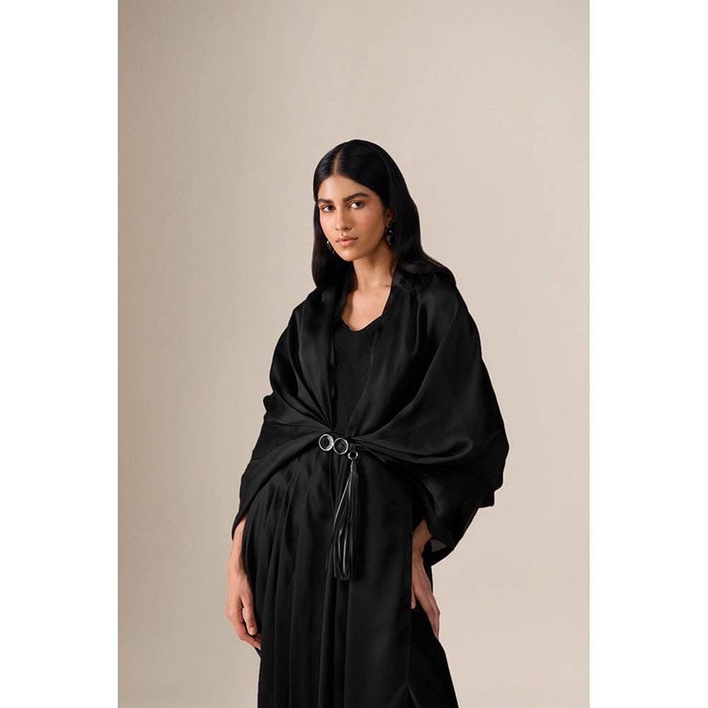 AMPM Ekiya Black Pre-Draped Saree With Attached Stitched Blouse And Belt